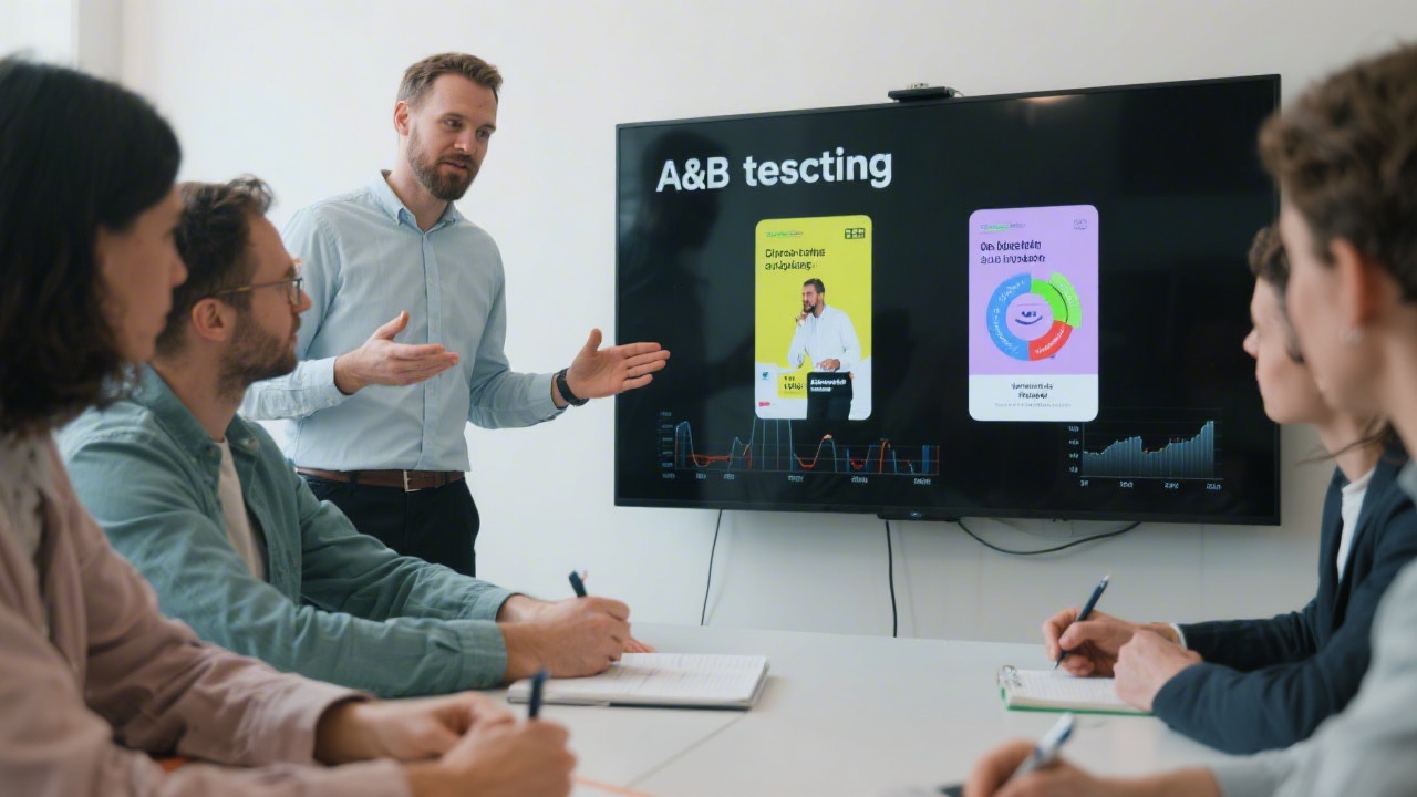Facilitator explaining A/B testing on a screen while participants compare two ad variations, taking notes and discussing data-driven hypotheses.