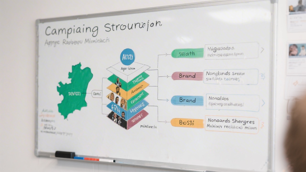 Campaign structure diagram on a whiteboard showing Irish geo-targeting layers, ad group themes, and budget split between brand and non-brand searches.