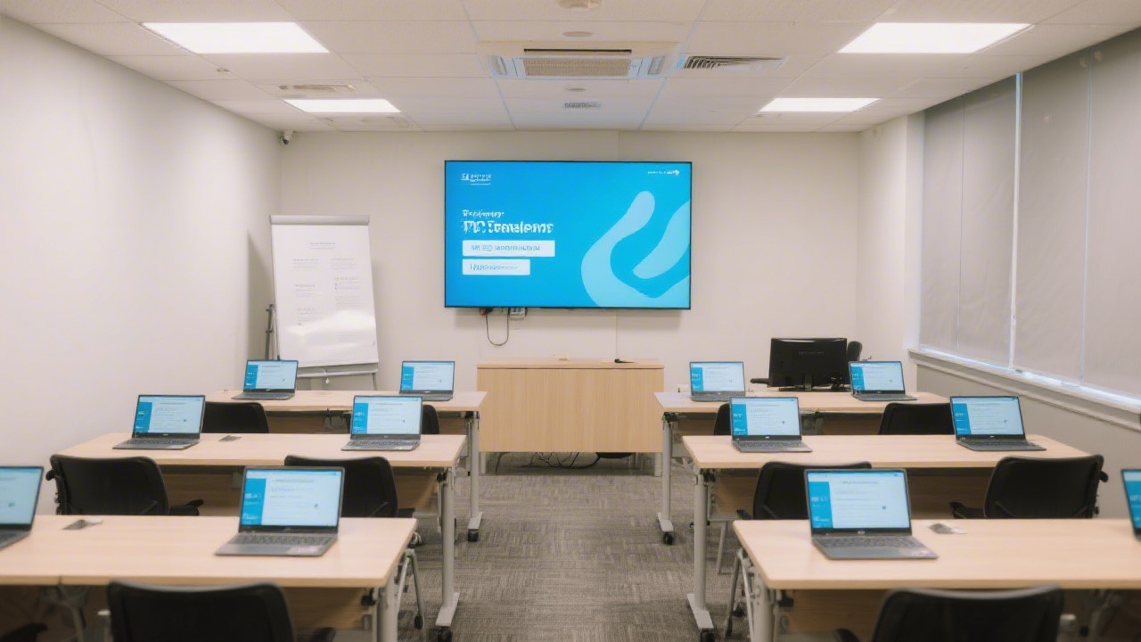 Training room with large display, neatly arranged desks, and laptops ready for PPC exercises, creating a professional and calm learning environment.
