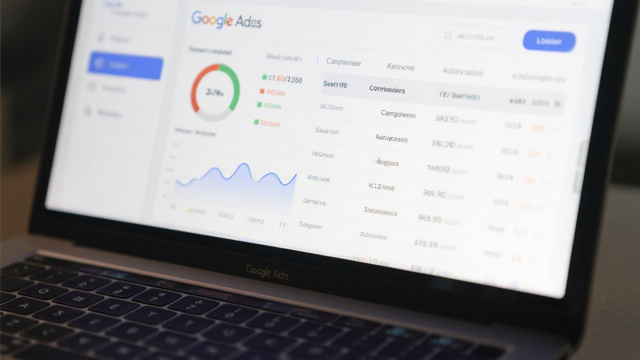 Close-up of a Google Ads dashboard on a laptop showing campaign performance metrics, search keywords, and budget allocation columns in a clean interface.