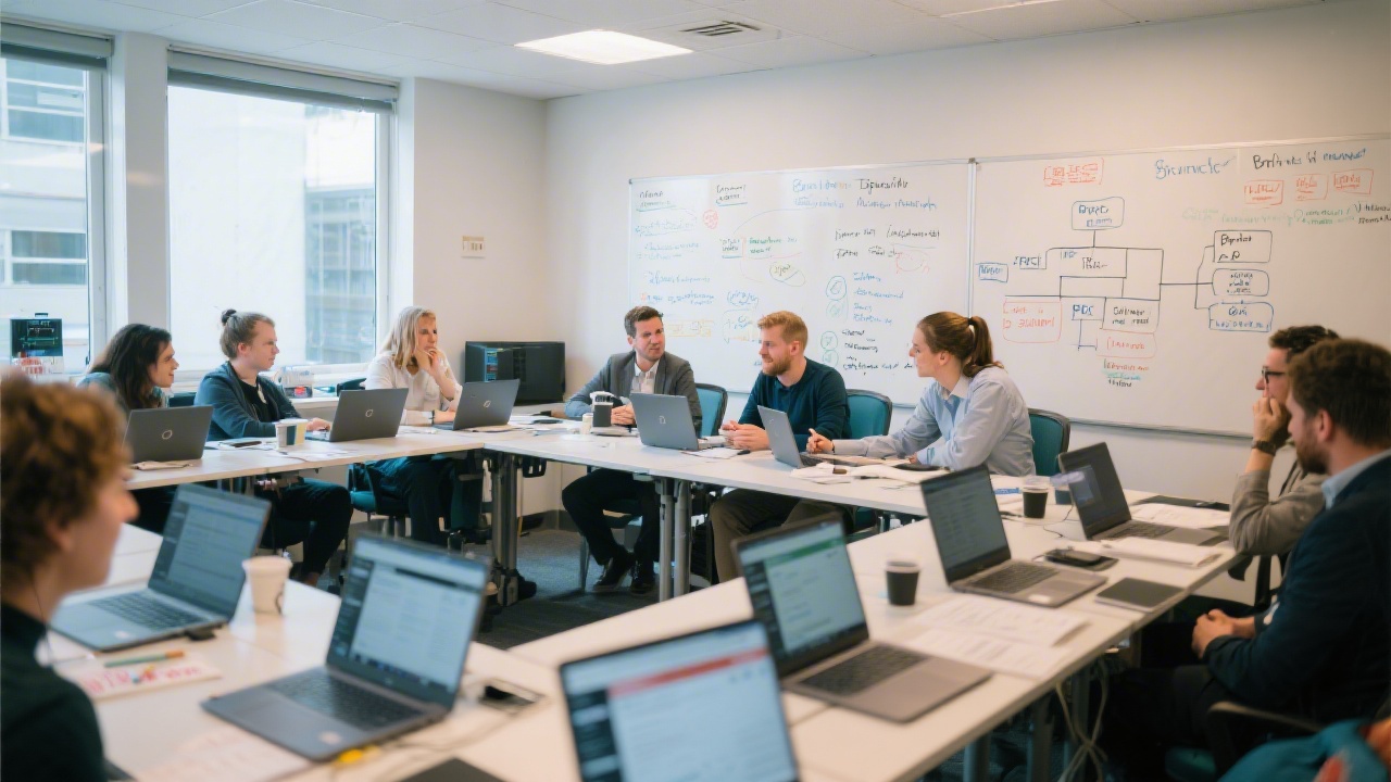 Bright Dublin training room with laptops open to ad platforms, whiteboard notes on PPC structure, and small groups collaborating in a professional workshop environment.