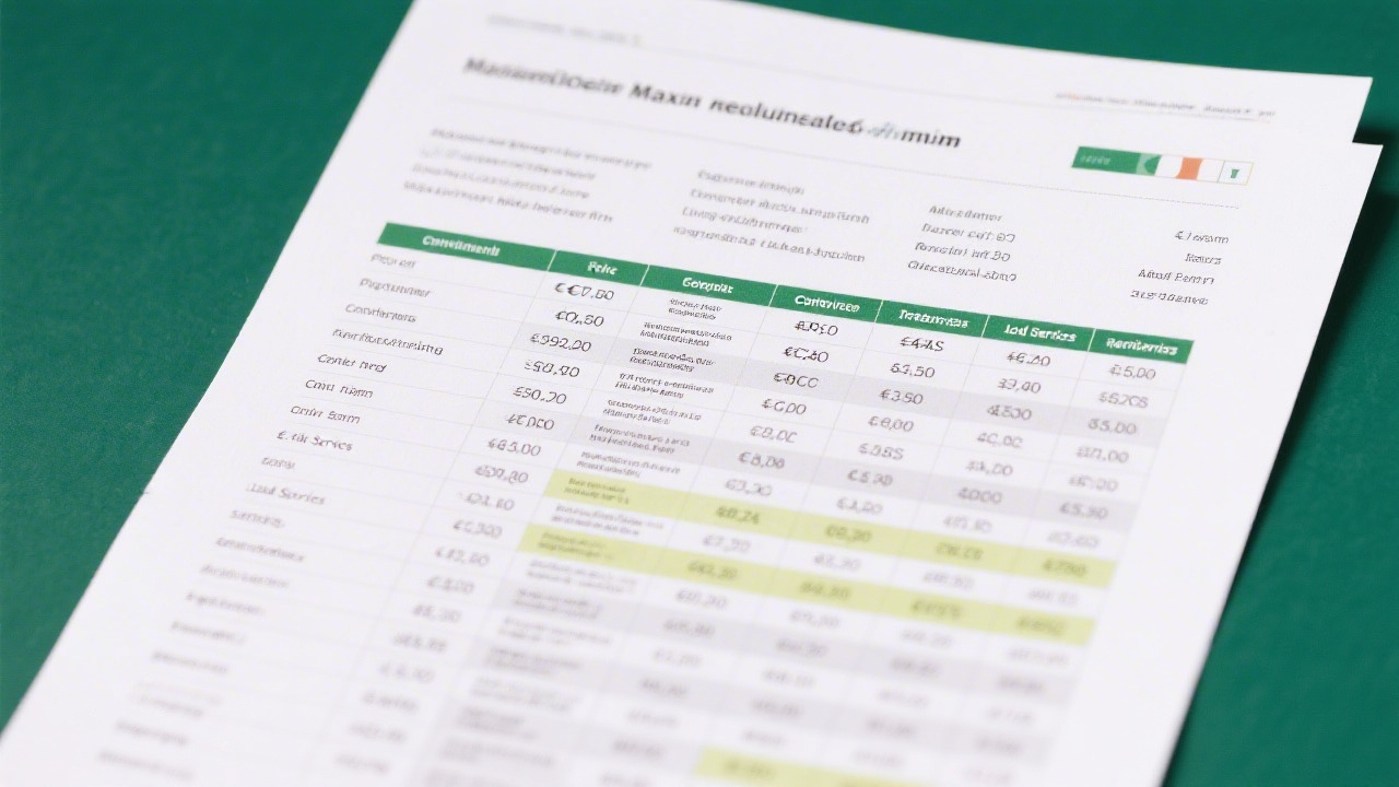 Spreadsheet printed with euro-denominated PPC budget ranges, expected CPCs, and conversion benchmarks for retail, SaaS, and local services in Ireland.