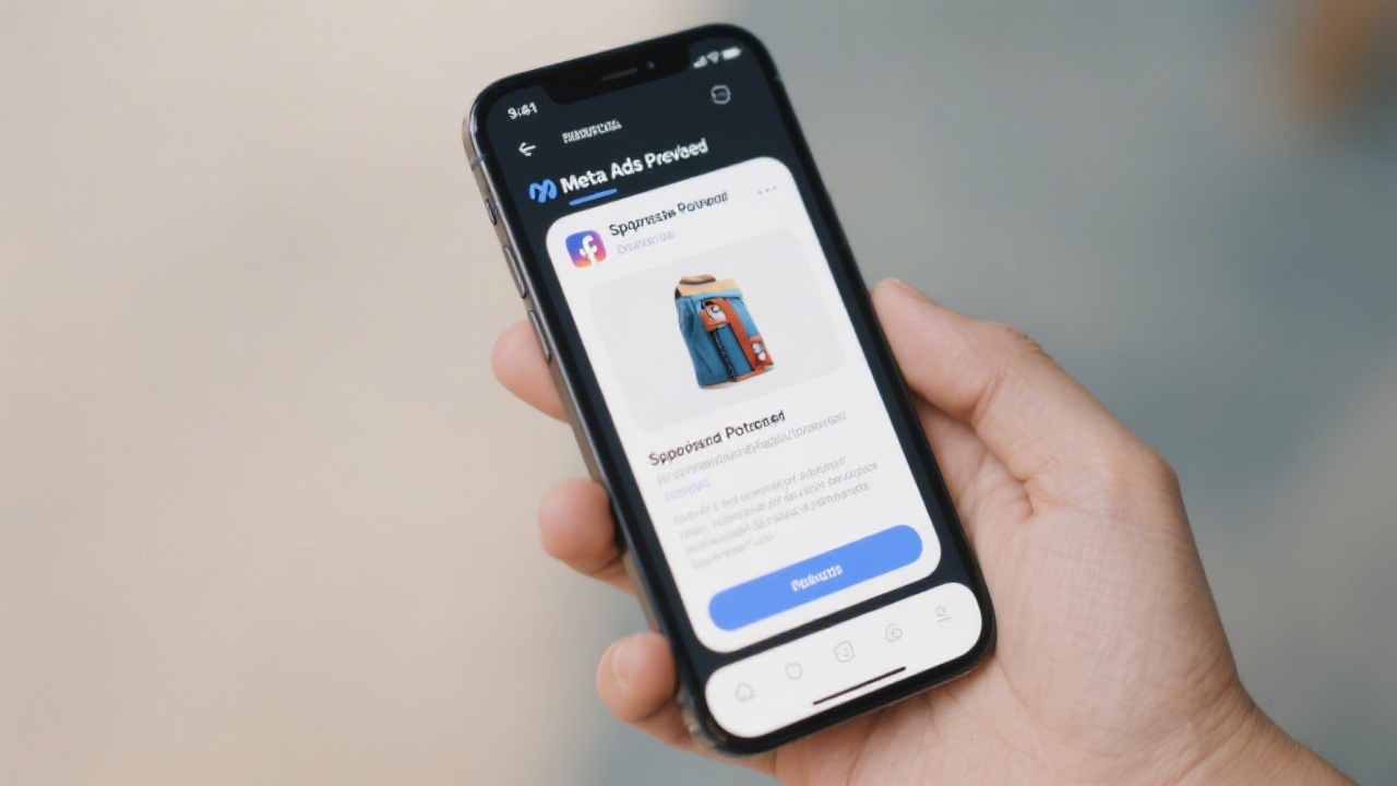 Meta Ads preview with a sponsored post layout, product image placeholder, headline, and call-to-action button, displayed on a smartphone mockup.