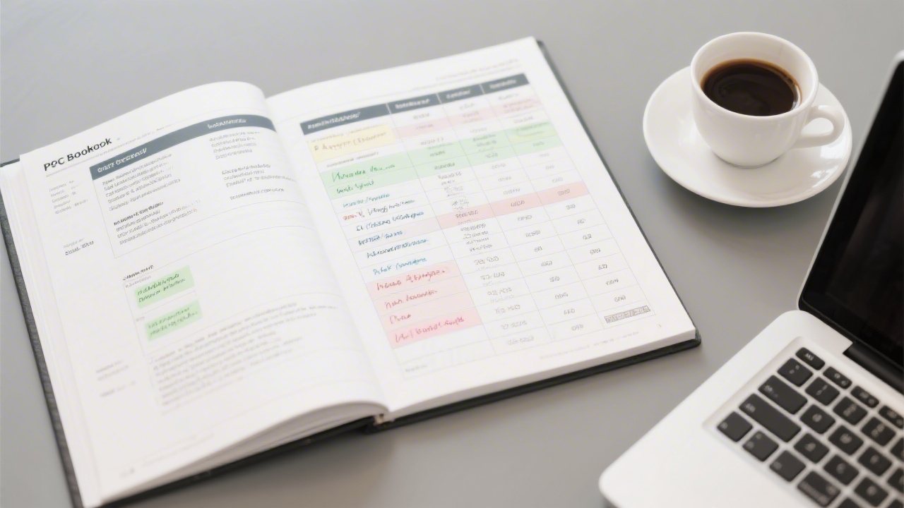 Open PPC workbook with structured tables for ad groups, budget allocation notes, and hypothesis tracking, placed beside a coffee and laptop.