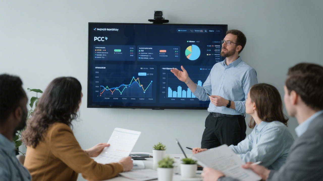 Facilitator presenting PPC report insights on a large screen while attendees review charts and discuss optimisation actions.