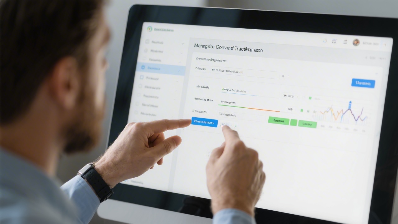 Marketer configuring conversion tracking within a web analytics interface, with clear event labels and measurement settings on screen.
